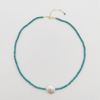 Collier en turquoise naturelle et perle d'eau douce en or 14K