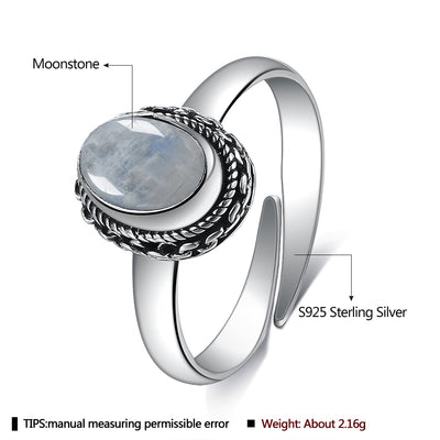 Bague ajustable en argent et pierre de lune naturelle