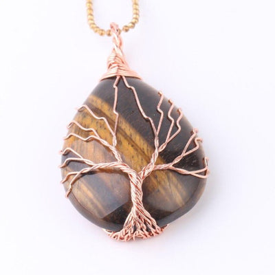 Collier pendentif "Goutte d'eau" en pierre naturelle et arbre de vie