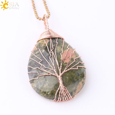 Collier pendentif "Goutte d'eau" en pierre naturelle et arbre de vie