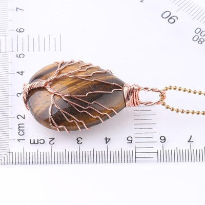 Collier pendentif "Goutte d'eau" en pierre naturelle et arbre de vie