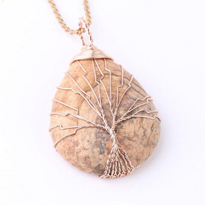 Collier pendentif "Goutte d'eau" en pierre naturelle et arbre de vie