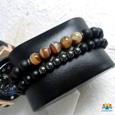Double bracelet Ancrage et Équilibre en Agate et Hématite