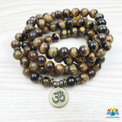 Mâlâ bouddhiste Lotus Om Bouddha en Oeil de Tigre.